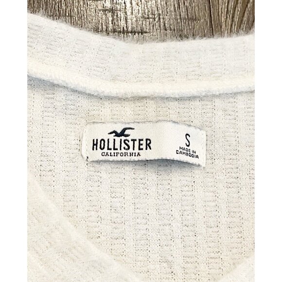 Hollister Off-White Fuzzy Ribbed Stretch Knit Cropped V-Neck Sweater SZ Small - Picture 6 of 9